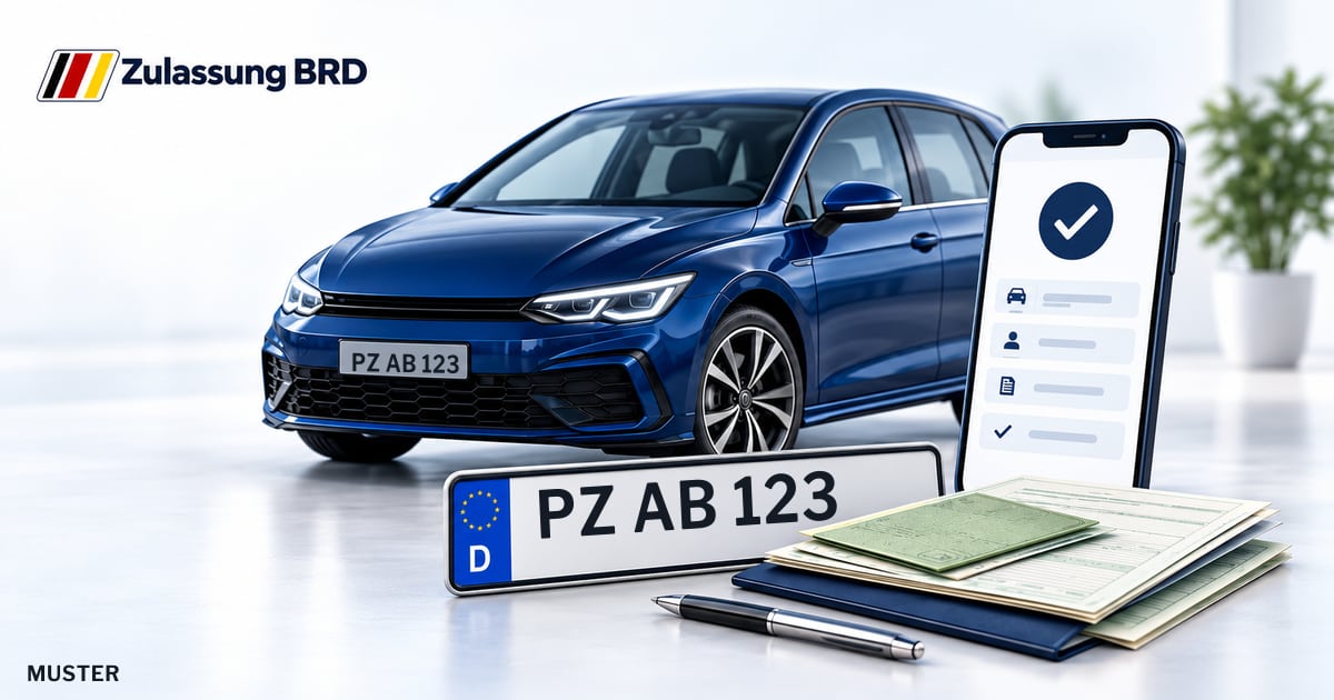 Online Fahrzeugzulassung in Prenzlau: Musterkennzeichen PZ AB 123, Auto und Fahrzeugpapiere und Smartphone. Illustration mit Logo von Zulassung BRD.